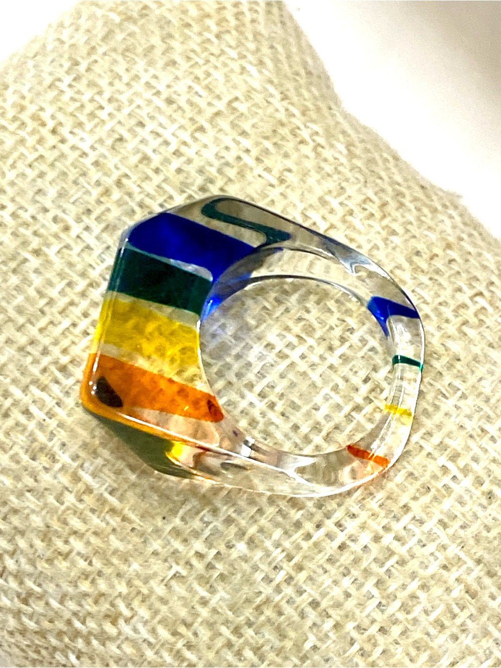 Clear Square Statement Ring with Blue, Green, Yellow and Orange Stripes